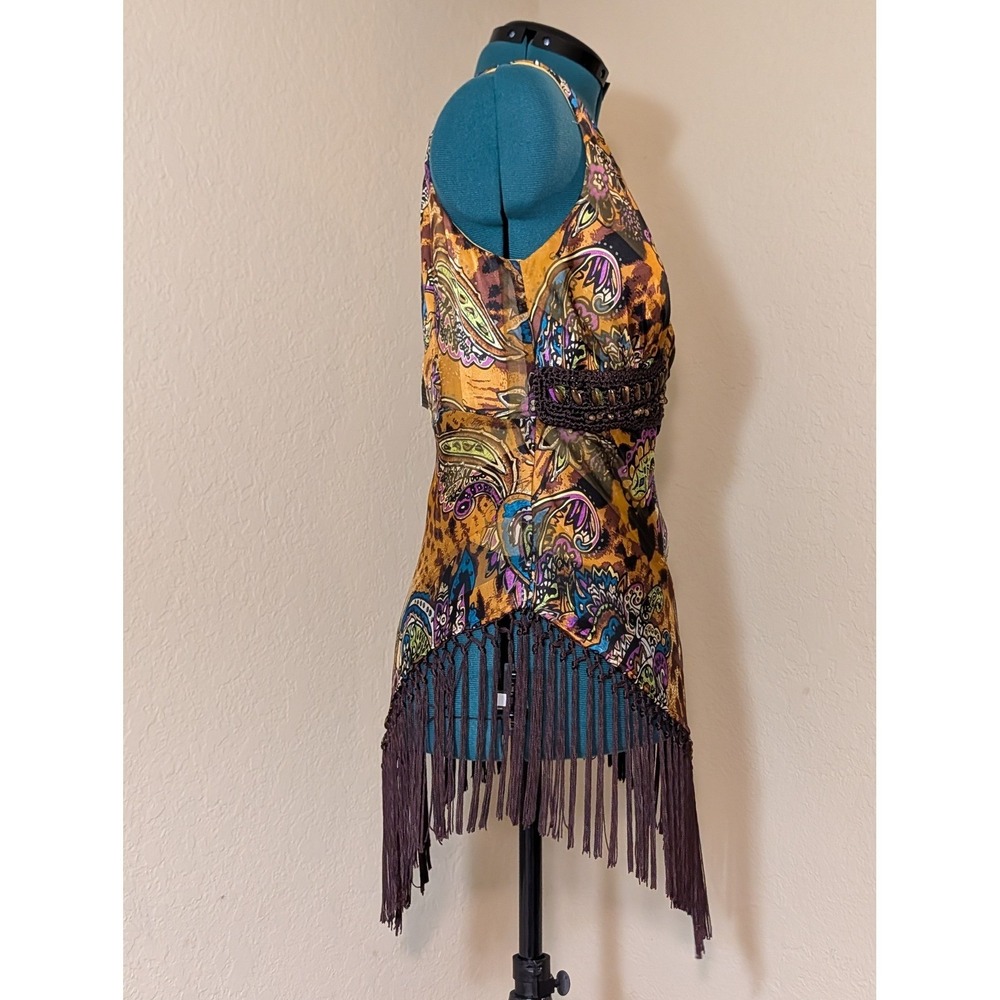 Cache Brown Paisley Leopard Silk Blend Fringe V-Neck Top Size 10 NWT - Picture 5 of 8